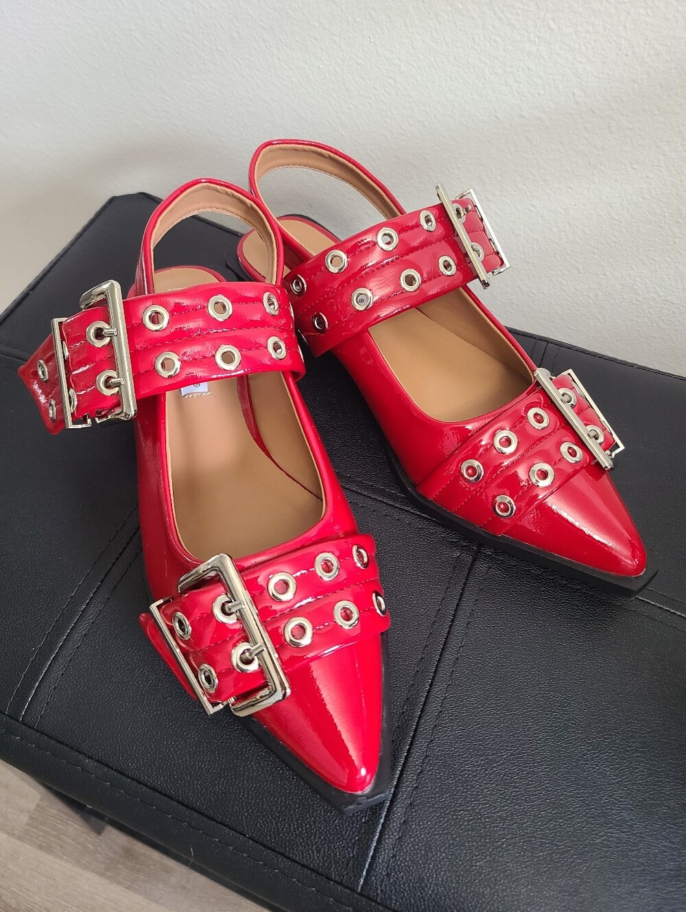 NWOT Forever Link Red Patent Grommet Buckle Pointed Toe Studded Edgy Punk Flats
